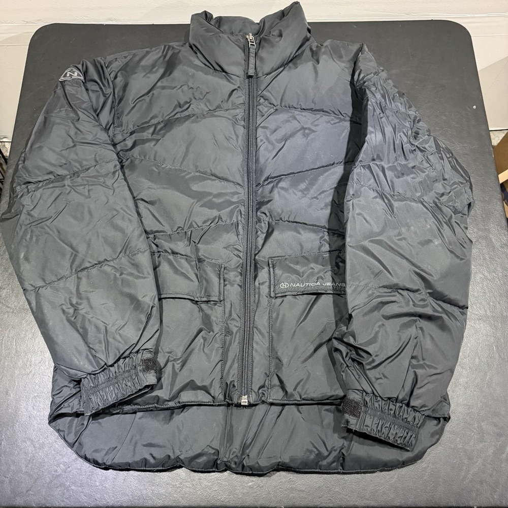 Nautica Jeans Company Puffer Jacket Coat Mens Size Medium Black Soft Warm Y2k